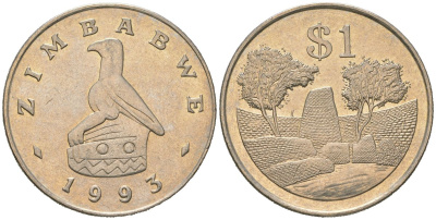 Зимбабве 1 доллар 1993 руины большого Зимбабве KM 6 медно-никель UNC 106-821