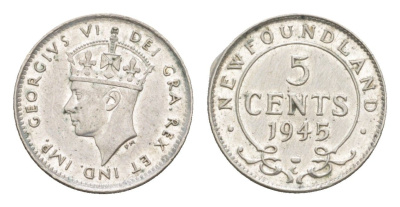 Ньюфаундленд 5 центов 1945 Георг VI (1936-1952) KM 19a серебро 4651-335