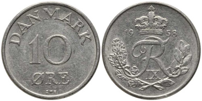 ДАНИЯ 10 ЭРЕ 1958 C; S, ФРЕДЕРИК IX (1947-1972) KM 841.2 медно-никель 116-218