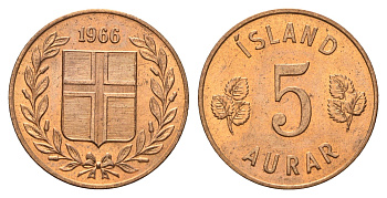 Исландия 5 эйре 1966 KM 9 бронза UNC 4691-343