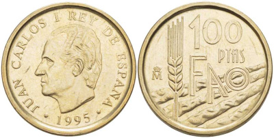 ИСПАНИЯ 100 ПЕСЕТ 1995 FAO, ХУАН КАРЛОС I (1975-) KM 950 никель латунь 4384-811