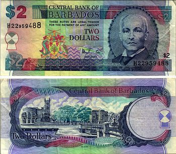 БАРБАДОС 2 ДОЛЛАР 1999 БОВЕЛЛ, ТРАФАЛЬГАРСКАЯ ПЛОЩАДЬ В БРИДЖТАУНЕ, TDLR, МЕЛЬНИЦА НА 2/4 ЗАКРАШЕНА, ПОДПИСЬ W. COX Pick 54b бумага 6312-4-1-1