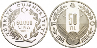 Турция 50000 лир 1995 50 лет FAO, тираж 3798 экземпляров KM 1040 серебро PROOF 02-262-42