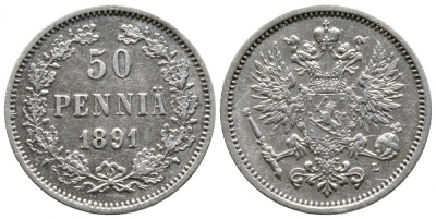 Россия для Финляндии 50 пенни 1891 L, Александр III (1881-1894) KM 2.2, Биткин 235 серебро 413-4044