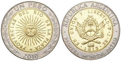 Аргентина 1 песо 2010 E, майское солнце, 8 эскудо 1813 KM 112.1, CJ 6.17, Schon?113 биметалл UNC 4364-3535