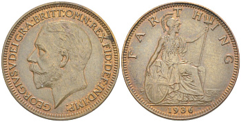 Великобритания 1 фартинг 1936 Георг V (1910-1936) KM 825, Spink 4061 бронза 4543-1052