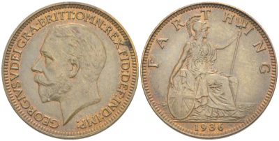 Великобритания 1 фартинг 1936 Георг V (1910-1936) KM 825, Spink 4061 бронза 4543-1052