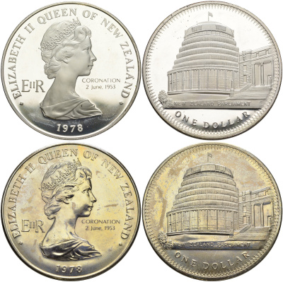 Новая Зеландия набор из двух монет по 1 доллару 1978 25 лет коронации Елизаветы II и открытие здания Парламента, в буклете KM 47, 47a серебро, медно-никель PROOF, UNC 7-4-54