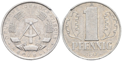 ГДР 1 пфенниг 1962 А, БРАК КРУЖКА KM 8.1 алюминий 4549-932