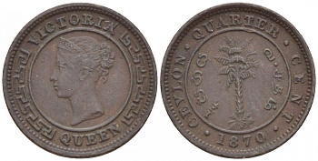 ЦЕЙЛОН 1/4 ЦЕНТА 1870 ВИКТОРИЯ KM 90 медь 4549-119