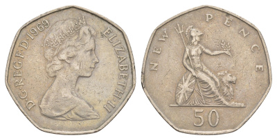 Великобритания 50 пенсов 1969 Елизавета II (1952-2022) KM 913, Spink 4223 медно-никель 4634-544