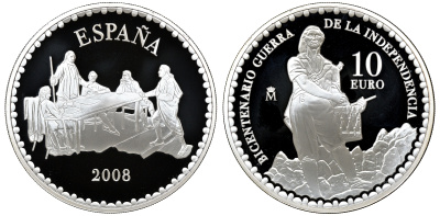 Испания 10 евро 2008 200 лет войне за независимость, Тимбалер дель Брук, в коробке серебро PROOF 6-5-1-26
