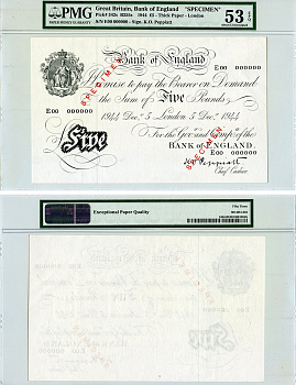Англия 5 фунтов 1944 Лондон, 5 декабря, Образец, SPECIMEN, в слабе PMG 53 EPQ PW № RBS104, Pick 337 a  бумага  UNC (пресс) 10-3-10