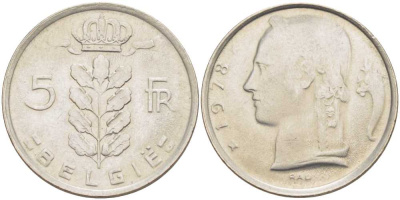 БЕЛЬГИЯ 5 ФРАНКОВ 1978 BELGIE, БОДУЭН I (1951-1993) KM 135.1 медно-никель 213-434