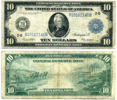 США 10 долларов 1914 Джексон, Буква "В" - Нью-йорк, голубая серия сдвинута влево, подписи: White & Mellon Pick 360bB(4-2) бумага 437-42-2-1