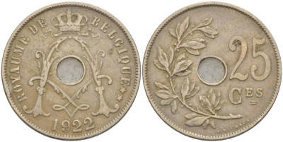 Бельгия 25 сантимов 1922 Belgique KM 68.1 медно-никель 4546-151