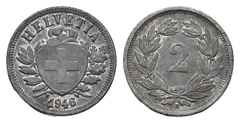 Швейцария 2 раппена 1946 B KM 4.2b цинк 1528-945