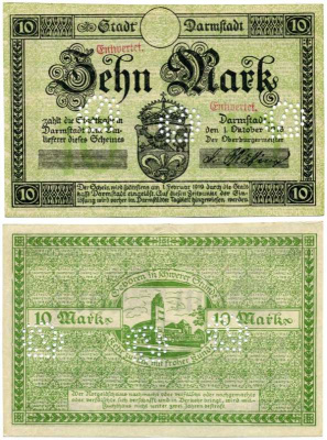 Германия, Дармштадт 10 марок 1918 - 1919 1 октября 1918 - 1 Февраля 1919, нотгельд, земля Гессен, водяной знак KREUZ-RINGEL-MUSTER, без номера и серии, с перфорацией Geiger 092.04с  бумага  аUNC  8613-33-1-1