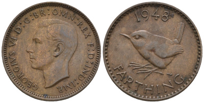 Великобритания 1 фартинг 1948 Георг VI (1936-1952) KM 843, Spink 4116 бронза 3309-322