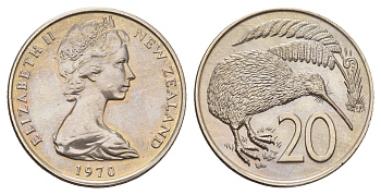 Новая Зеландия 20 центов 1970 Елизавета II (1952-2022), птичка киви, тираж 30.000 экземпляров KM 36 медно-никель BU 89-1525