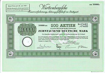 ФРГ 10000 марок 1974 Акционерное общество по страхованию от пожаров Вюртемберга, 200 акций   бумага   8803-44-1