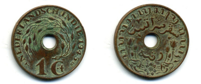 Нидерландская Восточная Индия 1 цент 1945 D KM 317 бронза 56-1137