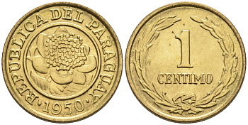 Парагвай 1 сентимо 1950 KM 20 алюминиевая бронза 4564-937