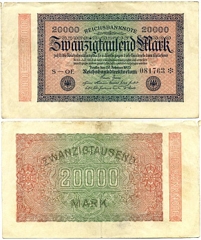 ГЕРМАНИЯ 20000 МАРОК 1923 20 ФЕВРАЛЯ 1923, ВОДЯНОЙ ЗНАК G Pick 85с бумага 7547-86-1