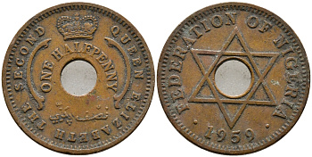 Нигерия 1/2 пенни 1959 Елизавета II (1952-), Британский протекторат KM 1 бронза 4387-524