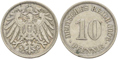 ГЕРМАНИЯ 10 ПФЕННИГОВ 1906 F KM 12, J. 13 медно-никель 34-817
