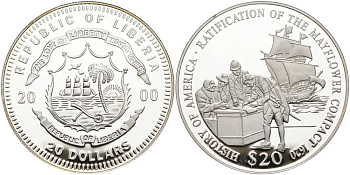 Либерия 20 долларов 2000 серия история Америки, ПОДПИСАНИЕ МАЙФЛАУЭРСКОГО СОГЛАШЕНИЯ В 1620 годУ KM 660 серебро PROOF 01-076-33