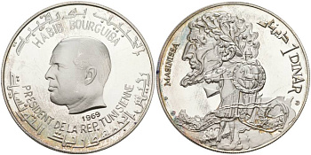 Тунис 1 динар 1969 Хабиб Бургиба, Массинисса, первый царь Нумидии KM 293 серебро PROOF 1091-5-51