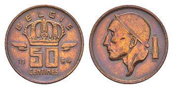 Бельгия 50 сантимов 1954 Belgie, Бодуэн I (1951-1993) KM 145 бронза 4169-1129