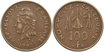 Французская Новая Каледония 100 франков 1998 хижина среди сосен и пальм, (IEOM) KM 15, Schoen 16, Lec 139b никель бронза 4680-1032