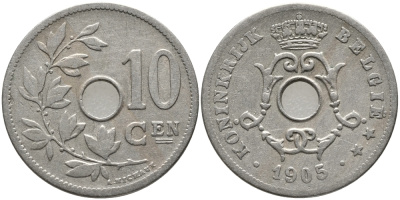 БЕЛЬГИЯ 10 САНТИМОВ 1905 BELGIE KM 53 медно-никель 3999-511