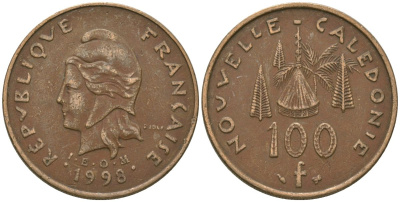 Французская Новая Каледония 100 франков 1998 хижина среди сосен и пальм, (IEOM) KM 15, Schoen 16, Lec 139b никель бронза 4680-1032