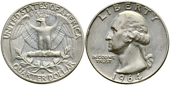 США 25 центов (квотер) 1964 D, Вашингтон KM 164 серебро 4388-345