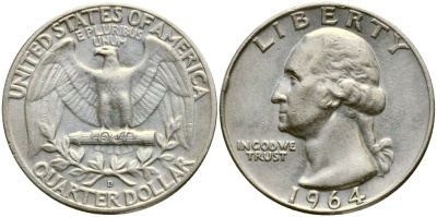 США 25 центов (квотер) 1964 D, Вашингтон KM 164 серебро 4388-345