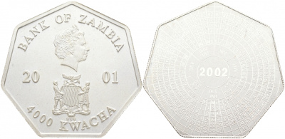 Замбия 4000 квача 2001 календарь, семиугольная KM 175 серебро PROOF 11-073-31