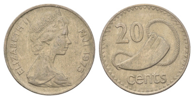Фиджи 20 центов 1975 Елизавета II (1952-2022), китовый зуб KM 31 медно-никель 4698-1156