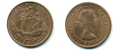 Великобритания 1/2 пенни 1967 Елизавета II (1952-2022) KM 896, Spink 4158 бронза UNC 4110-517