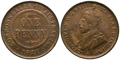 Австралия 1 пенни 1921 Георг V (1910-1936) KM 23 бронза 4385-311