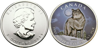 Канада 5 долларов 2011 серия Животный мир Канады, волк, в оригинальной коробке с сертификатом тираж 5000 экз., цветная эмаль серебро UNC 4-3-2-12