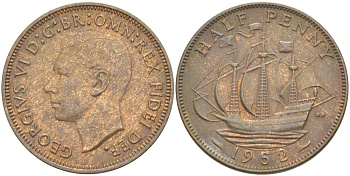 Великобритания 1/2 пенни 1952 Георг VI (1936-1952) KM 868, Spink 4118 бронза 94-454