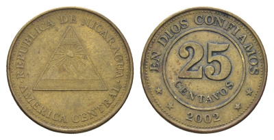 Никарагуа 25 сентаво 2002 год-тип KM 99 сталь плакированная латунью 4663-727