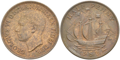 Великобритания 1/2 пенни 1952 Георг VI (1936-1952) KM 868, Spink 4118 бронза 94-454