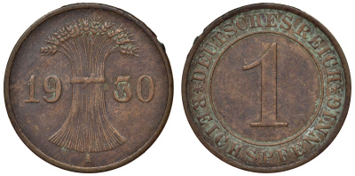Германия 1 рейхспфенниг 1930 A KM 37, J. 313 бронза 4124-121
