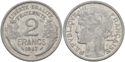 Франция 2 франка 1947 KM 886a, Le Franc 269.10 алюминий 4144-342