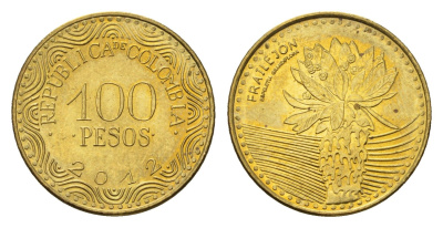 Колумбия 100 песо 2012 KM 296 сталь плакированная латунью UNC 4696-1257