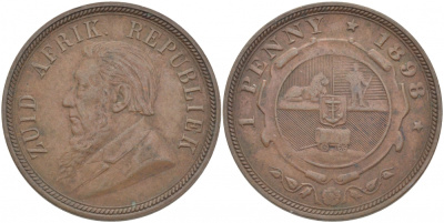 Южно-Африканская Республика, Трансвааль 1 пенни 1898 Пауль Крюгер KM 2 медь 180-941